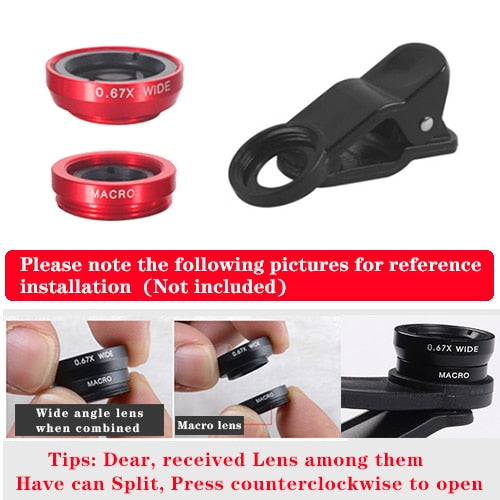 Orsda phone lens fisheye lens 0.67x wide-angle zoom lens fisheye lens 6x macro lens camera kit (with clip lens) for smartphones