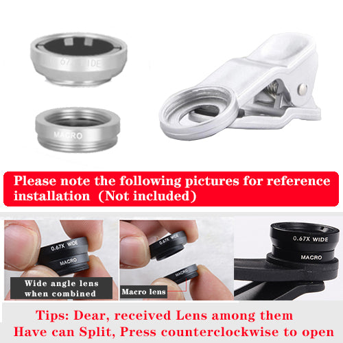 Orsda phone lens fisheye lens 0.67x wide-angle zoom lens fisheye lens 6x macro lens camera kit (with clip lens) for smartphones