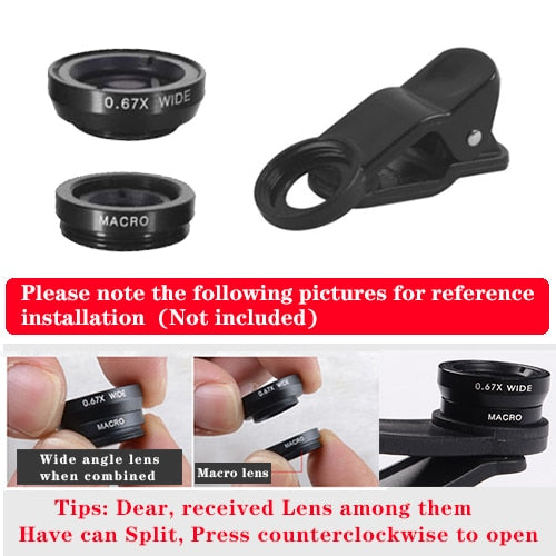 Orsda phone lens fisheye lens 0.67x wide-angle zoom lens fisheye lens 6x macro lens camera kit (with clip lens) for smartphones