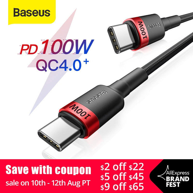 Baseus USB C to USB Type C Cable for Xiaomi Redmi Note 8 Pro Quick Charge 4.0 PD 100W Fast Charging for MacBook Pro Charge Cable